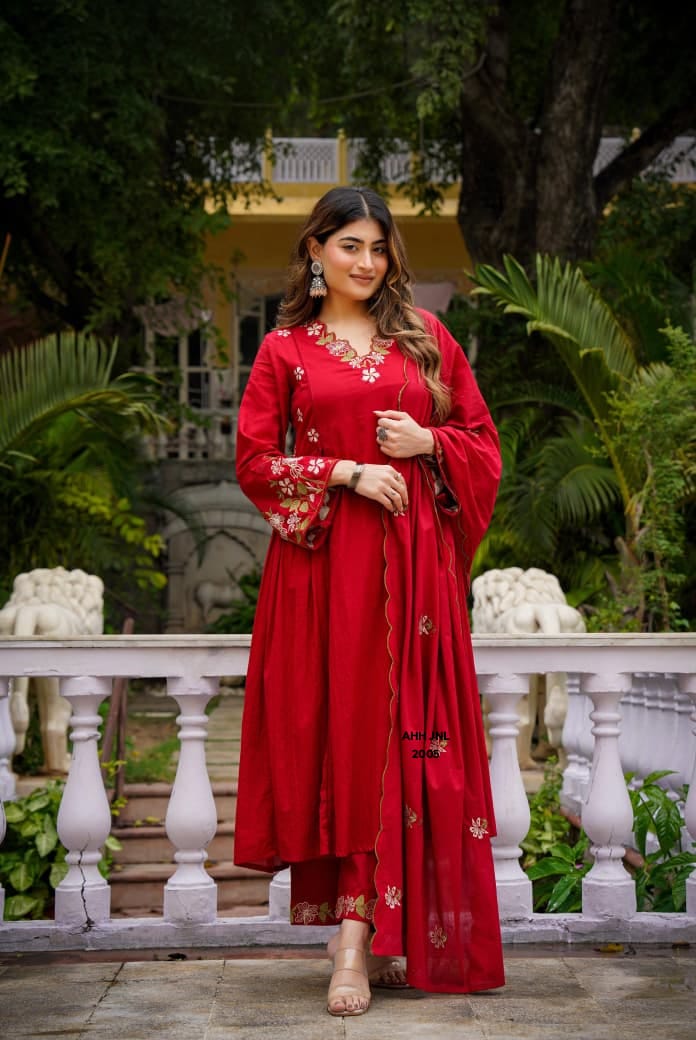 Olive Green Chanderi Silk Flared Anarkali Suit Set